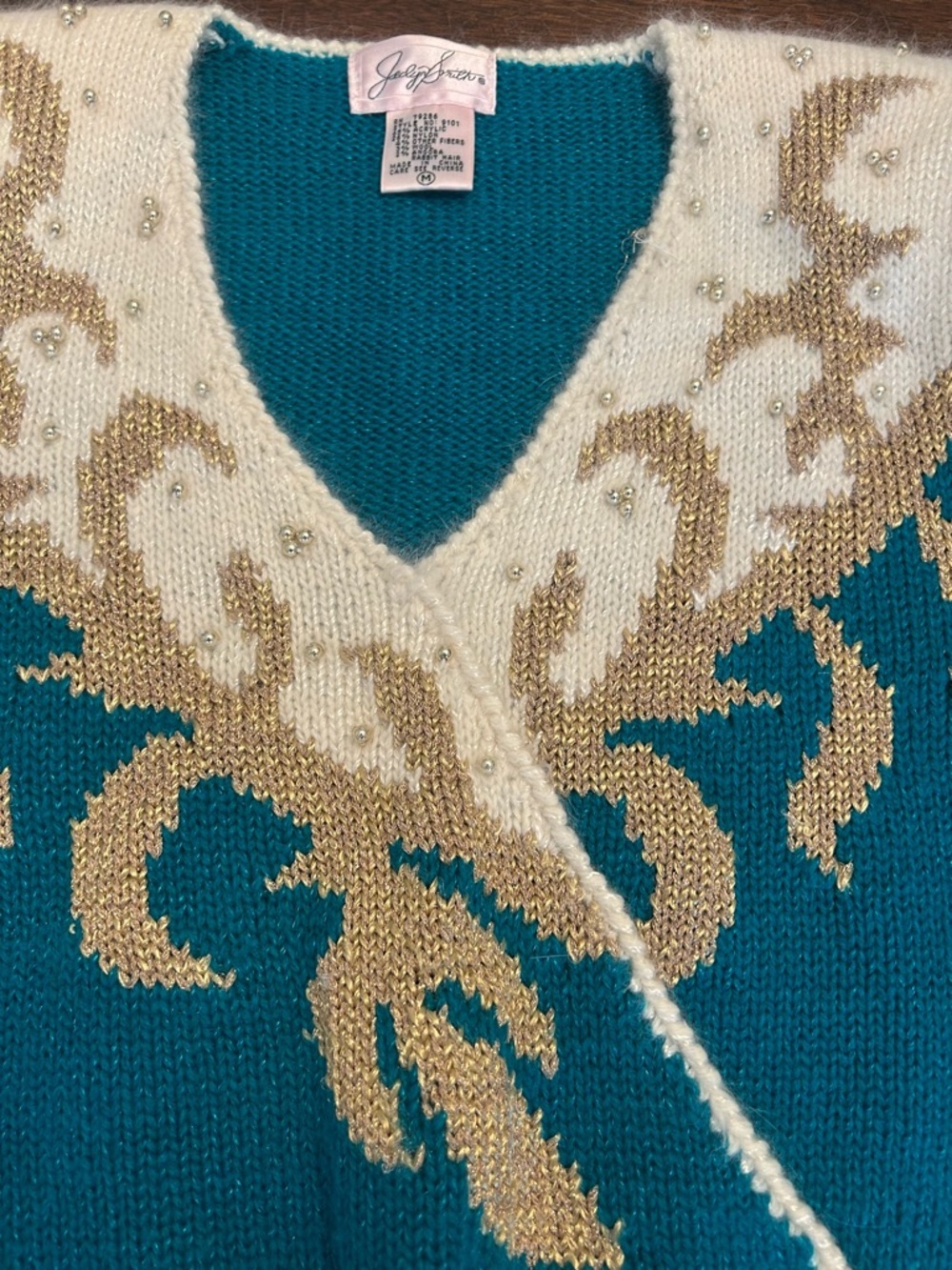 Jezebel Teal V-Neck Sweater with Cream and Gold Motif - Picture 2 of 3